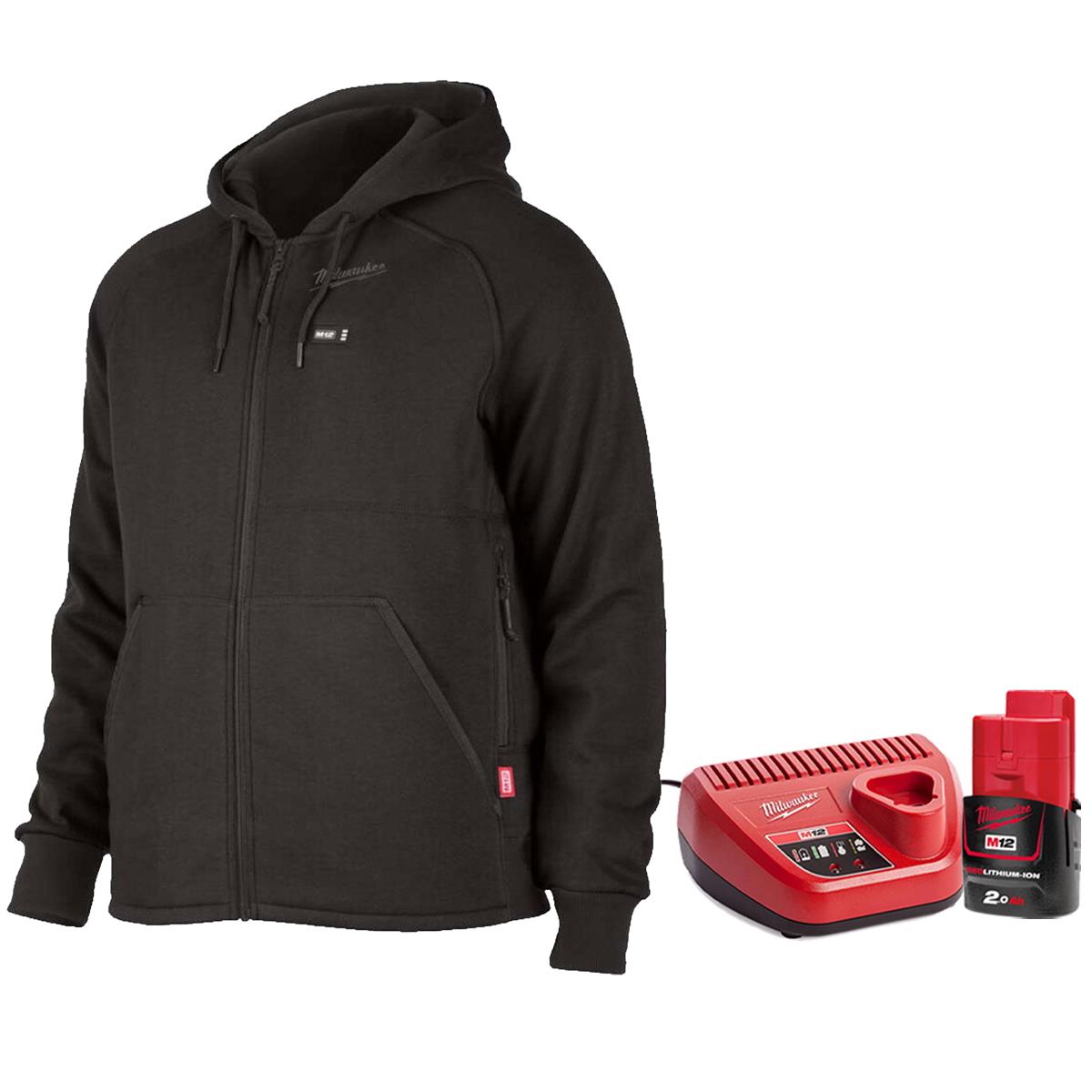 Milwaukee M12 12V Black Heated Hoodie XL Extra Large with 1 x 2.0Ah Battery & Charger