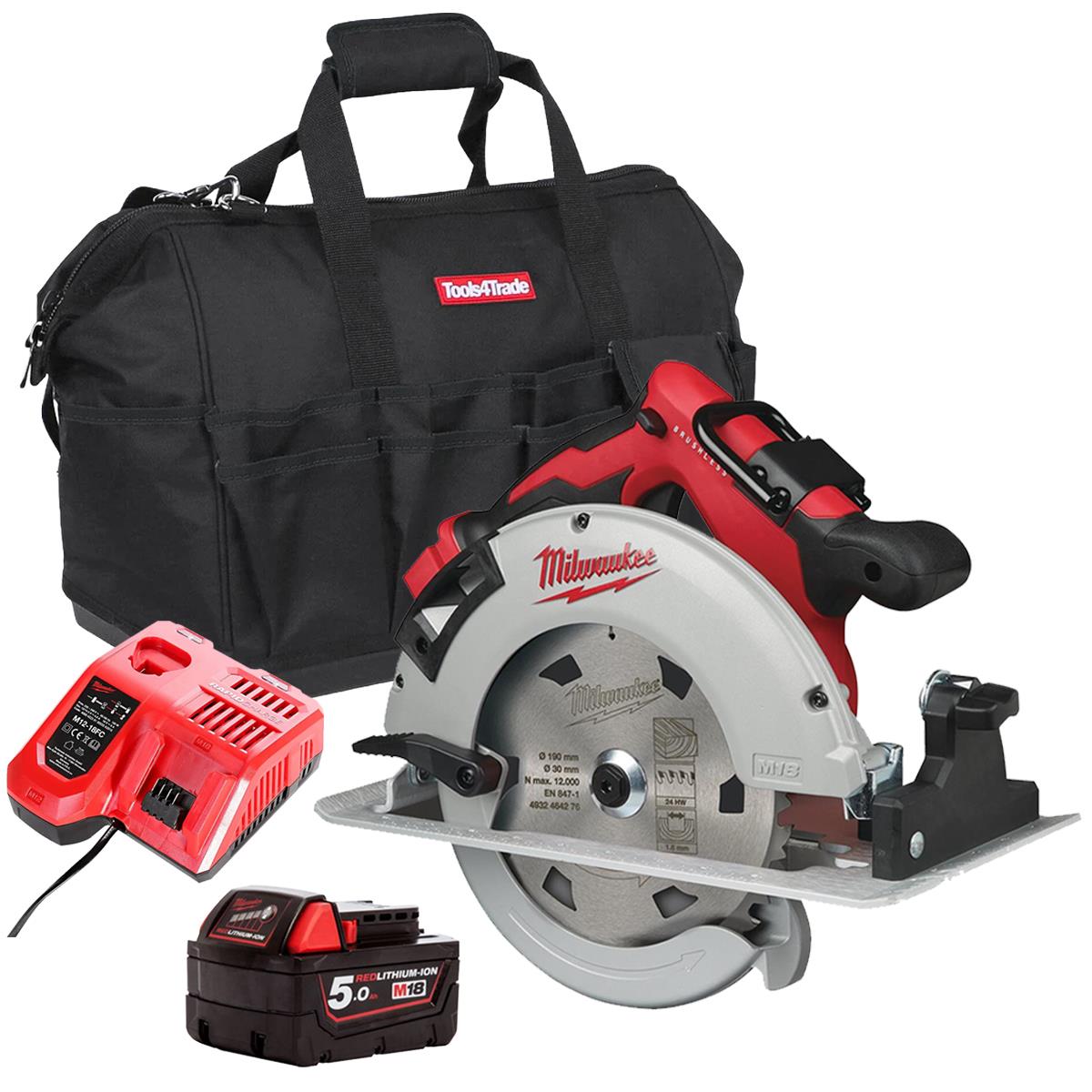 Milwaukee M18BLCS66-0 18V Brushless 190mm Circular Saw with 1 x 5.0Ah Battery Charger & Bag