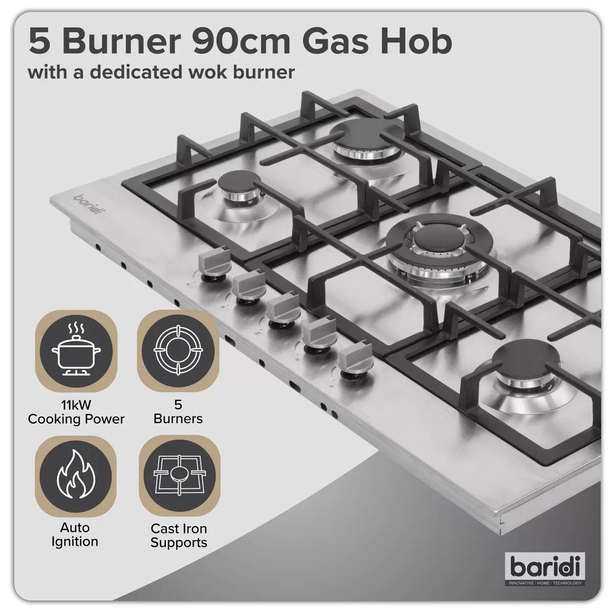 Sealey DH382 Baridi 90cm Gas Hob Stainless Steel with 5 Burners, Cast Iron Supports & Auto Ignition 11kW/230V