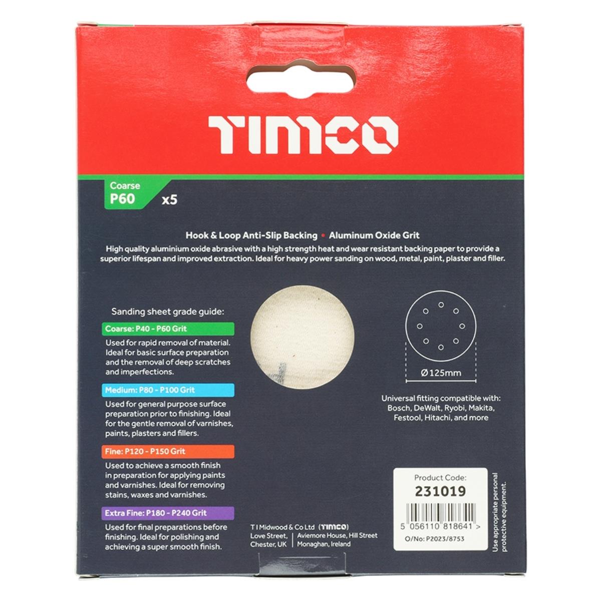 Timco 125mm Hook & Loop Random Orbital Sanding Discs 60 Grit Pack of 5 - 231019
