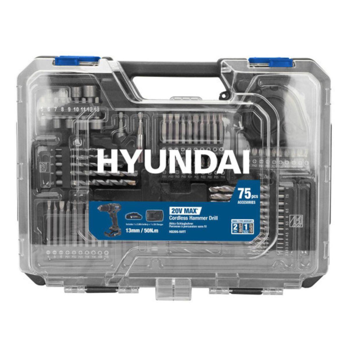Hyundai HD20S-50TT 20V Cordless Hammer Drill  1 X 2Ah Battery and Charger With 75 Piece Accessory Kit in Carry Case