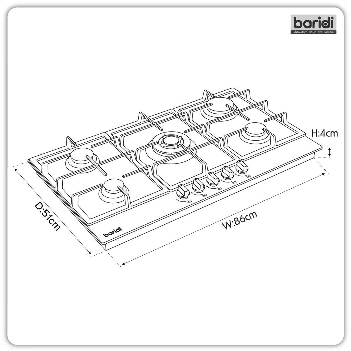 Sealey DH382 Baridi 90cm Gas Hob Stainless Steel with 5 Burners, Cast Iron Supports & Auto Ignition 11kW/230V