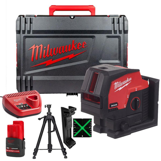 Milwaukee M12CLLP-0 12V Green Cross Line 2 Plane Laser 360° Case with 1 x 2.5Ah Battery Charger & Laser Tripod
