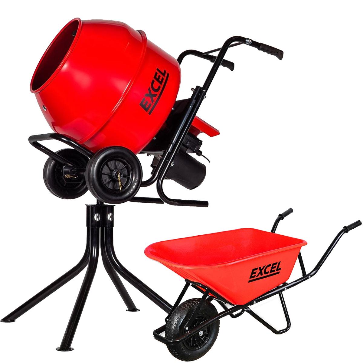 Excel 134L Portable Cement Mixer 240V/370W with Wheels & 100L Wheelbarrow Red HDPE Tray