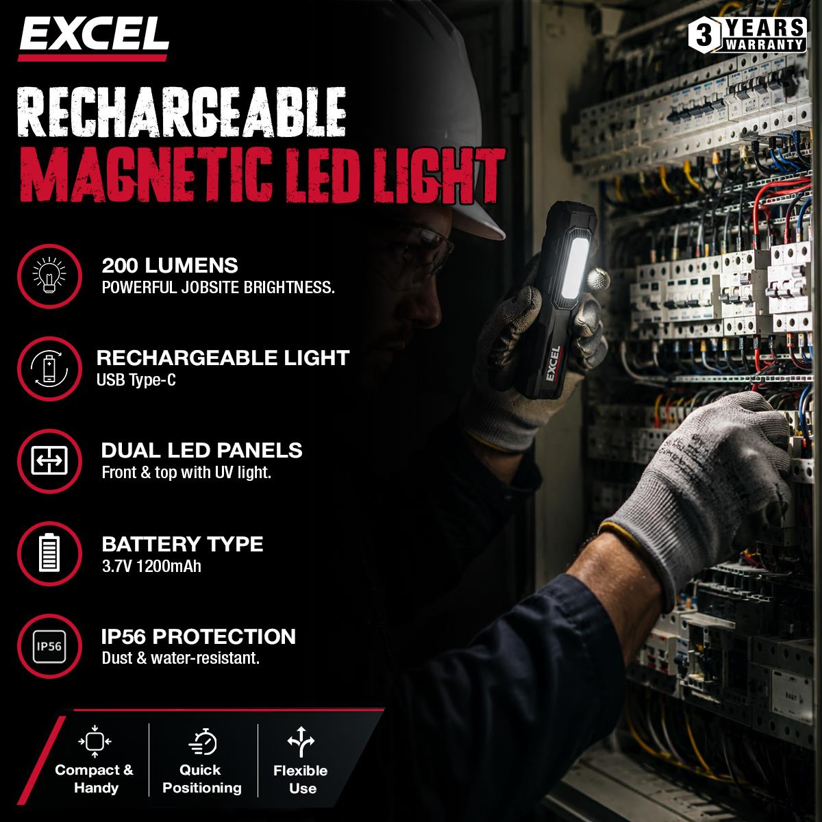 Excel 200 Lumens LED Rechargeable Magnetic Handheld Work Light with Flashlight