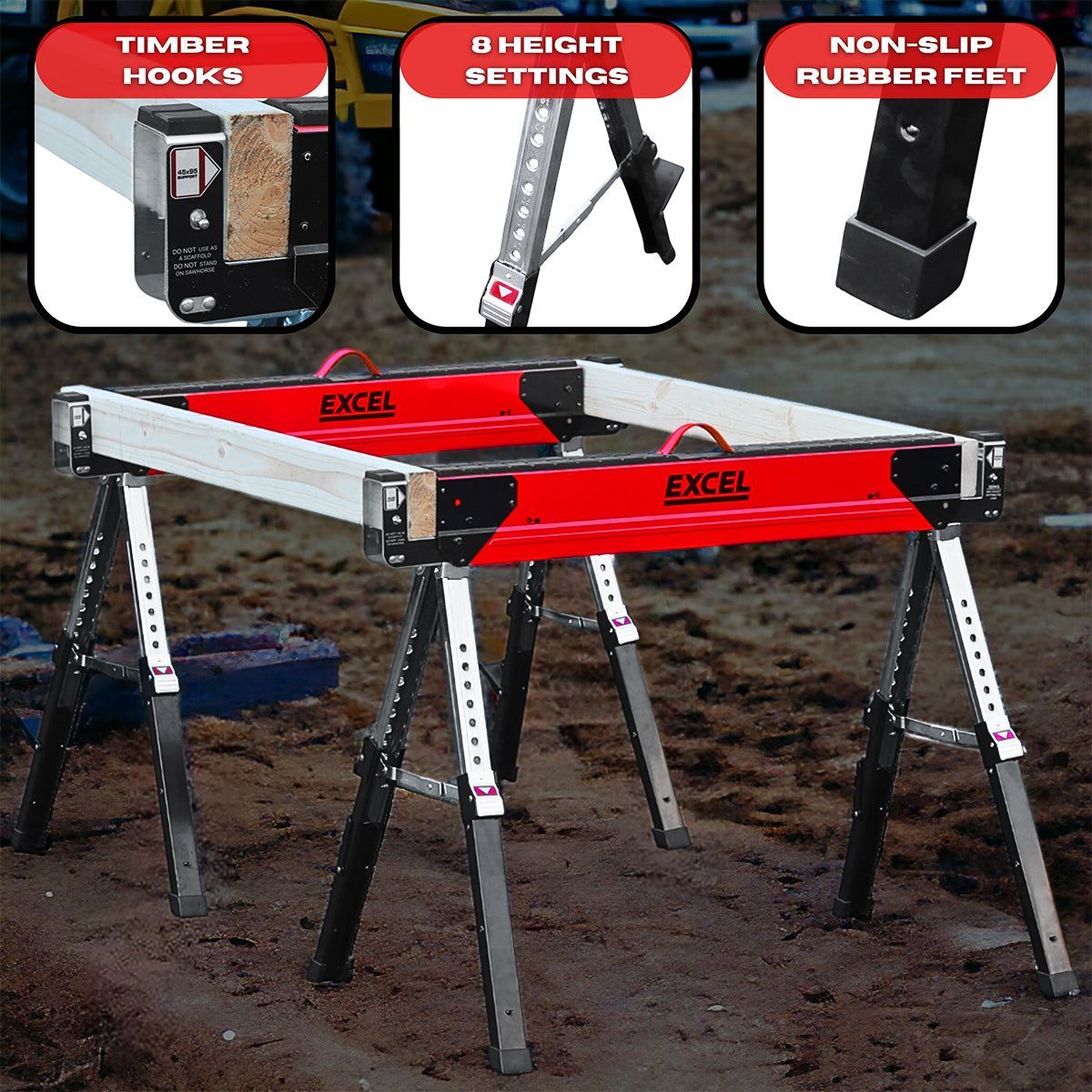 Excel Steel Sawhorse Heavy Duty Adjustable Legs Twin Pack 1178Kg Capacity Item Condition Used