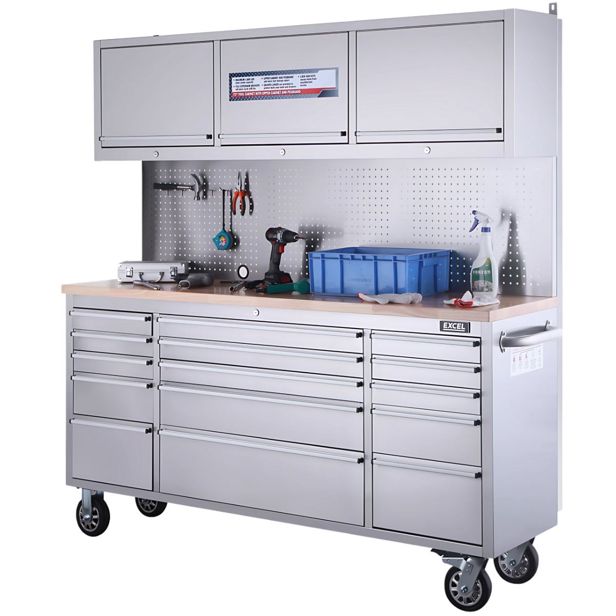 Excel 72inch 30 Drawer Stainless Steel Workbench Roller Tool Chest Cabinet with 6 Overhead Cabinets & 2 Tall Cabinet