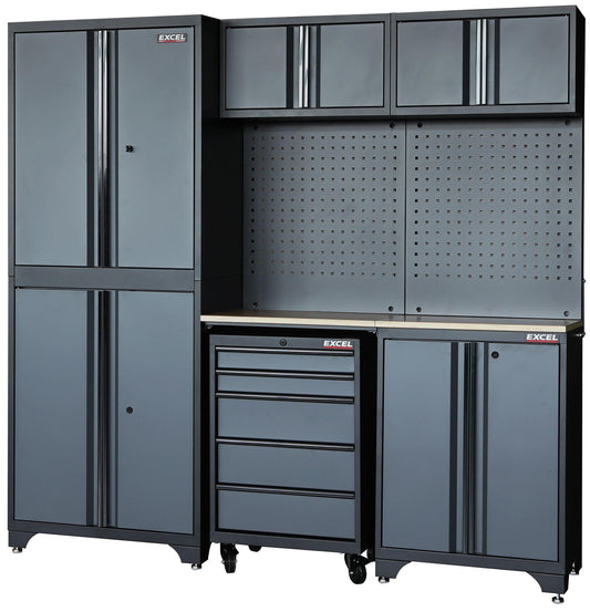 Excel 77" 7-Piece Garage Storage Cabinet System Worktop with Workbench & Pegboards
