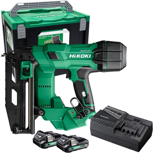Hikoki NT1865DSAJXZ 18V Brushless 2nd Generation 16G Straight Finishing Nailer with 2 x 2.0Ah Battery Charger & Case