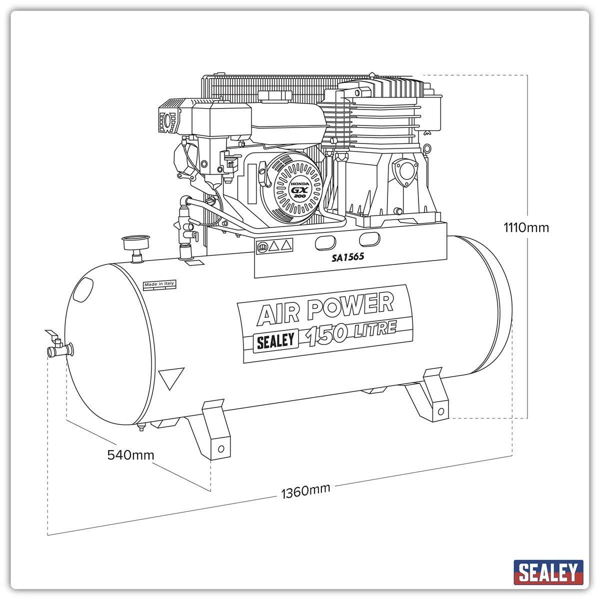 Sealey SA1565 150L Belt Drive Air Compressor with Petrol Engine