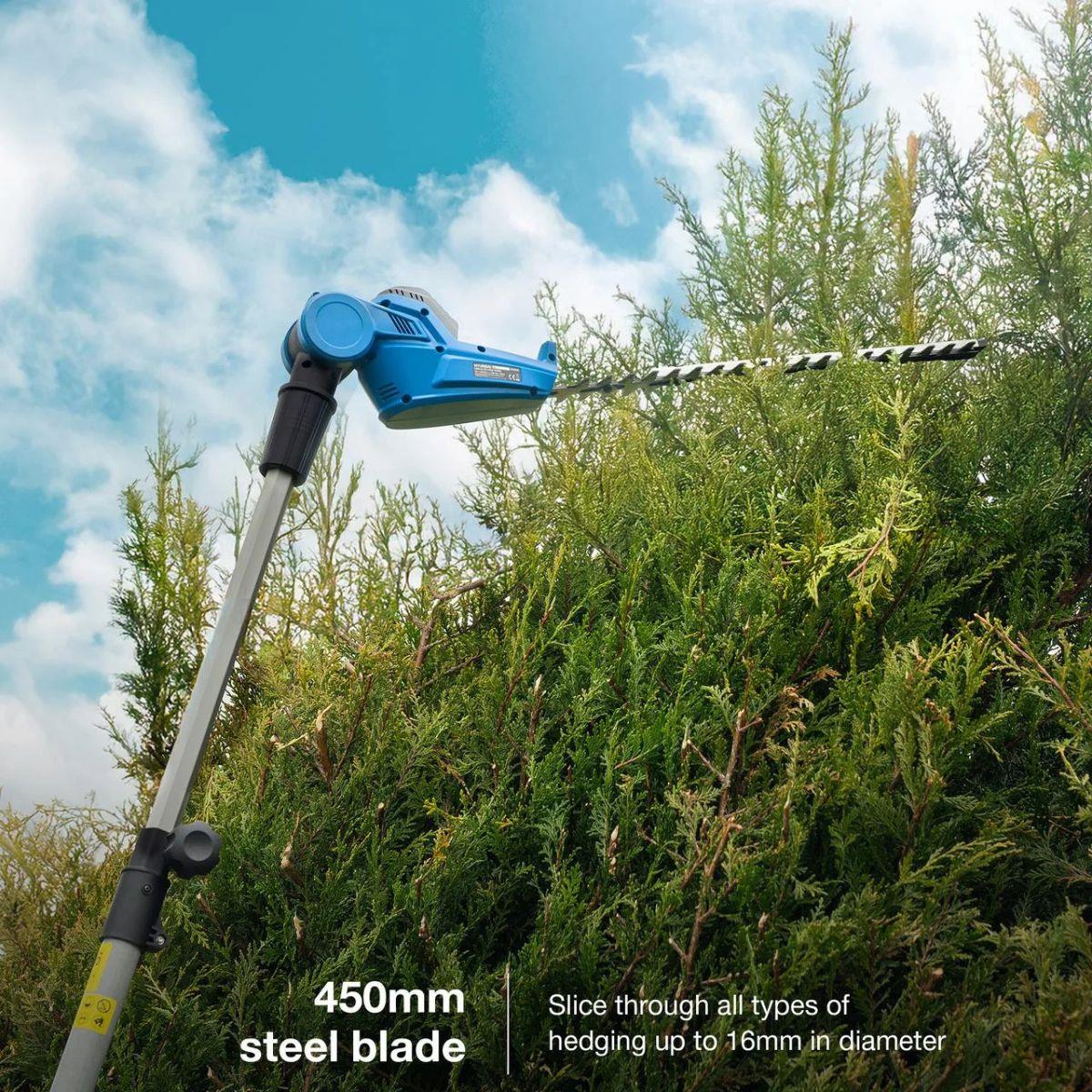Hyundai HY20CPHT 20V 450mm Cordless Long Reach Pole Hedge Trimmer, 2.6m Long Reach with 2.0Ah li-ion Battery & Charger