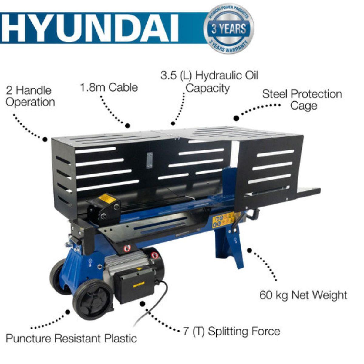 Hyundai HYLS7000HE 7 Tonne Horizontal Electric Log Splitter with Hydraulic Ram Steel Protection Cage 520mm Length