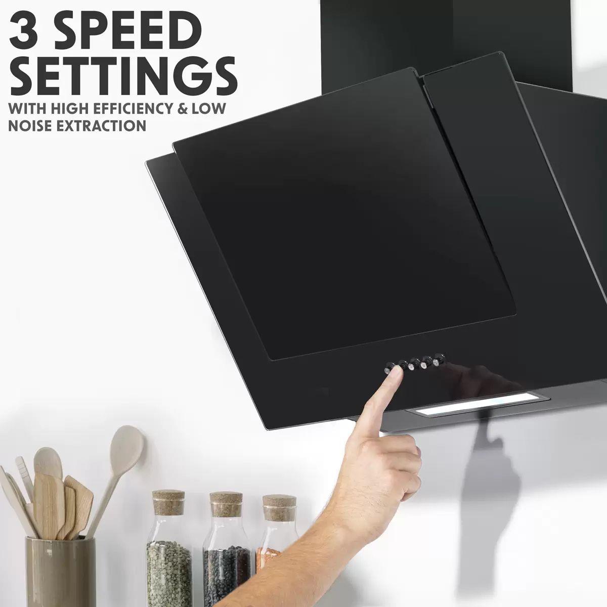 Sealey DH129 Baridi Angled Chimney Cooker Hood with Carbon Filters & LED Lamp Black Glass 240V