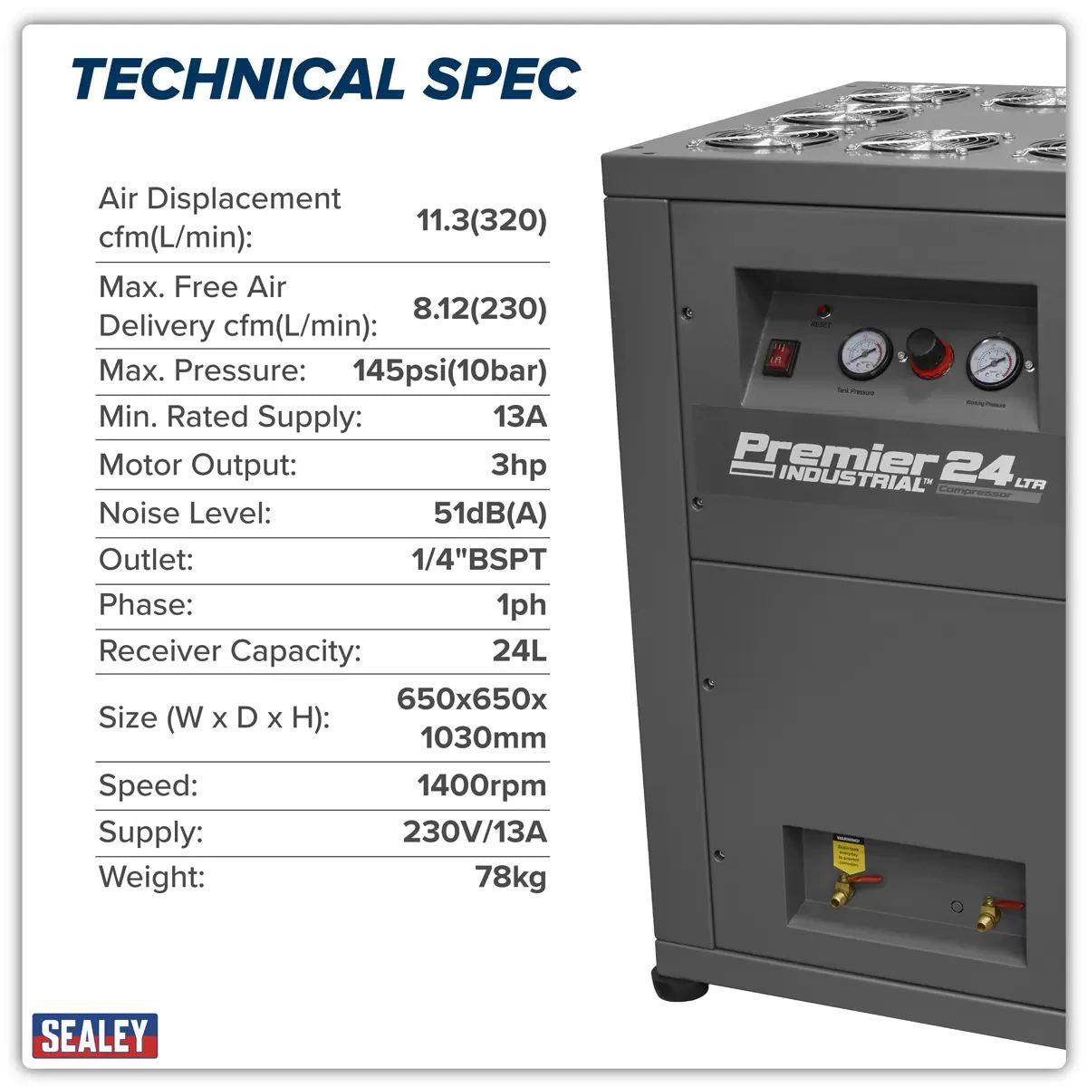 Sealey SAC01VLN 24L Oil Free Low Noise Direct Drive Air Compressor 3hp & 230V/13A