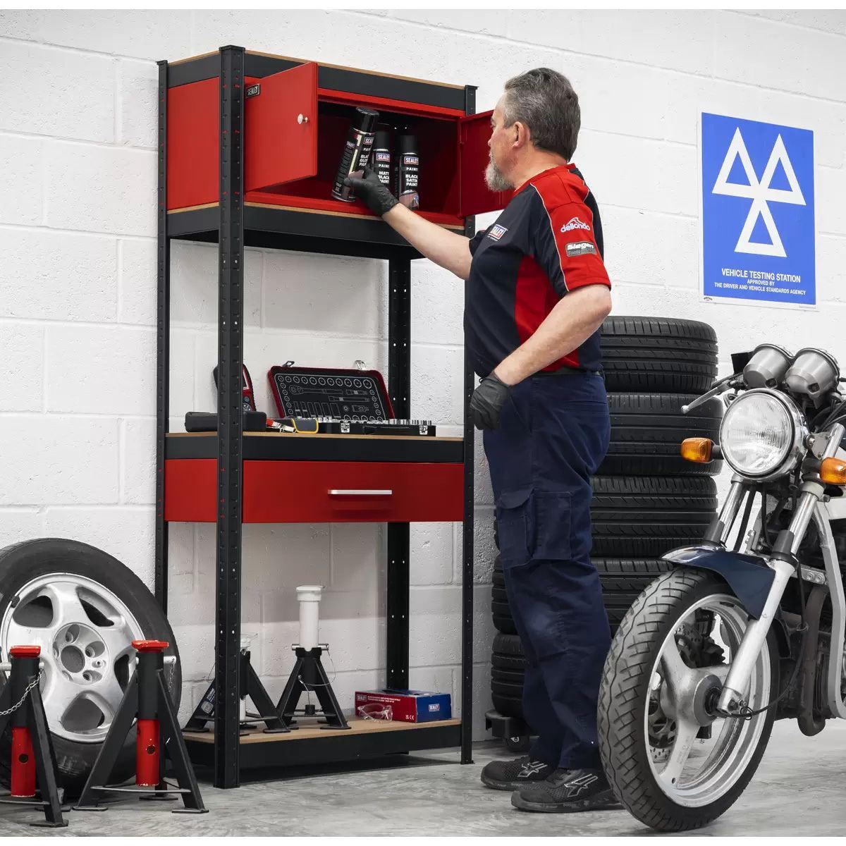 Sealey AP830R Shelving Unit 4-Tier with Cupboard & Drawer 150kg Capacity Per Level