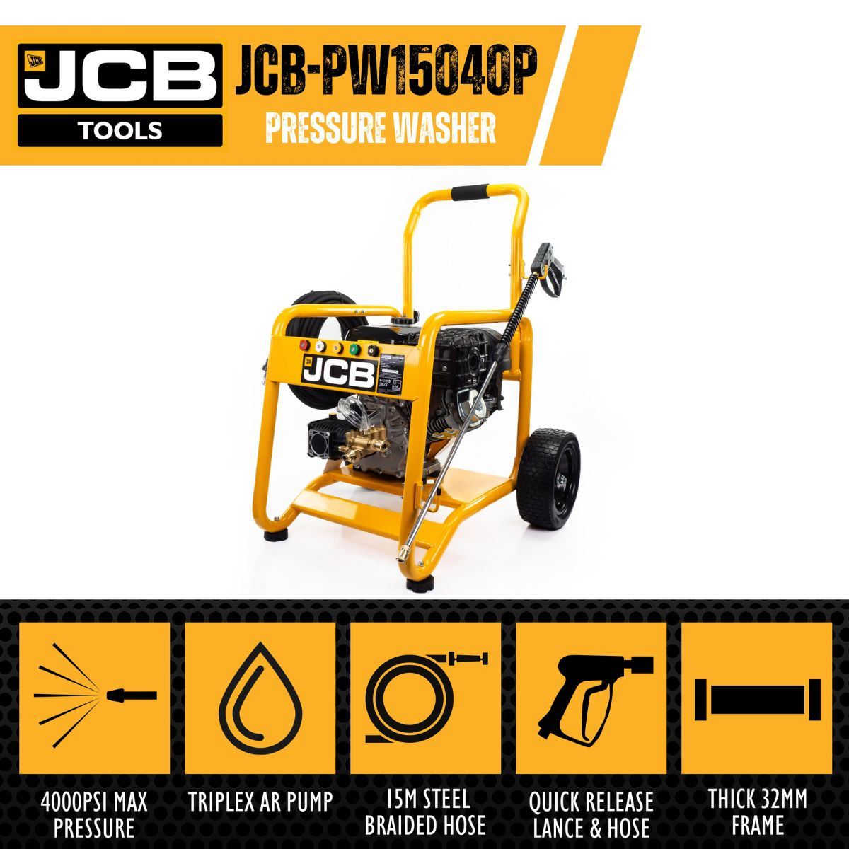 JCB PW15040P Petrol Pressure Washer 4000psi / 276BAR, Annovi Reverberi Triplex AR pump, 15L/min Flow Rate