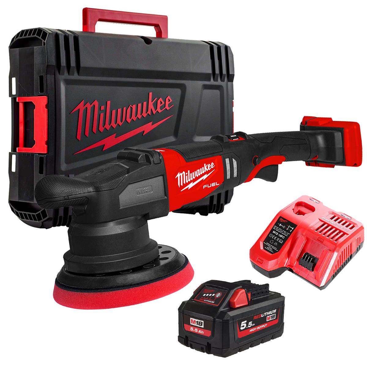 Milwaukee M18FROP21-0X 18V Brushless Random Orbital Polisher With 1 x 5.5Ah Battery Charger & Case