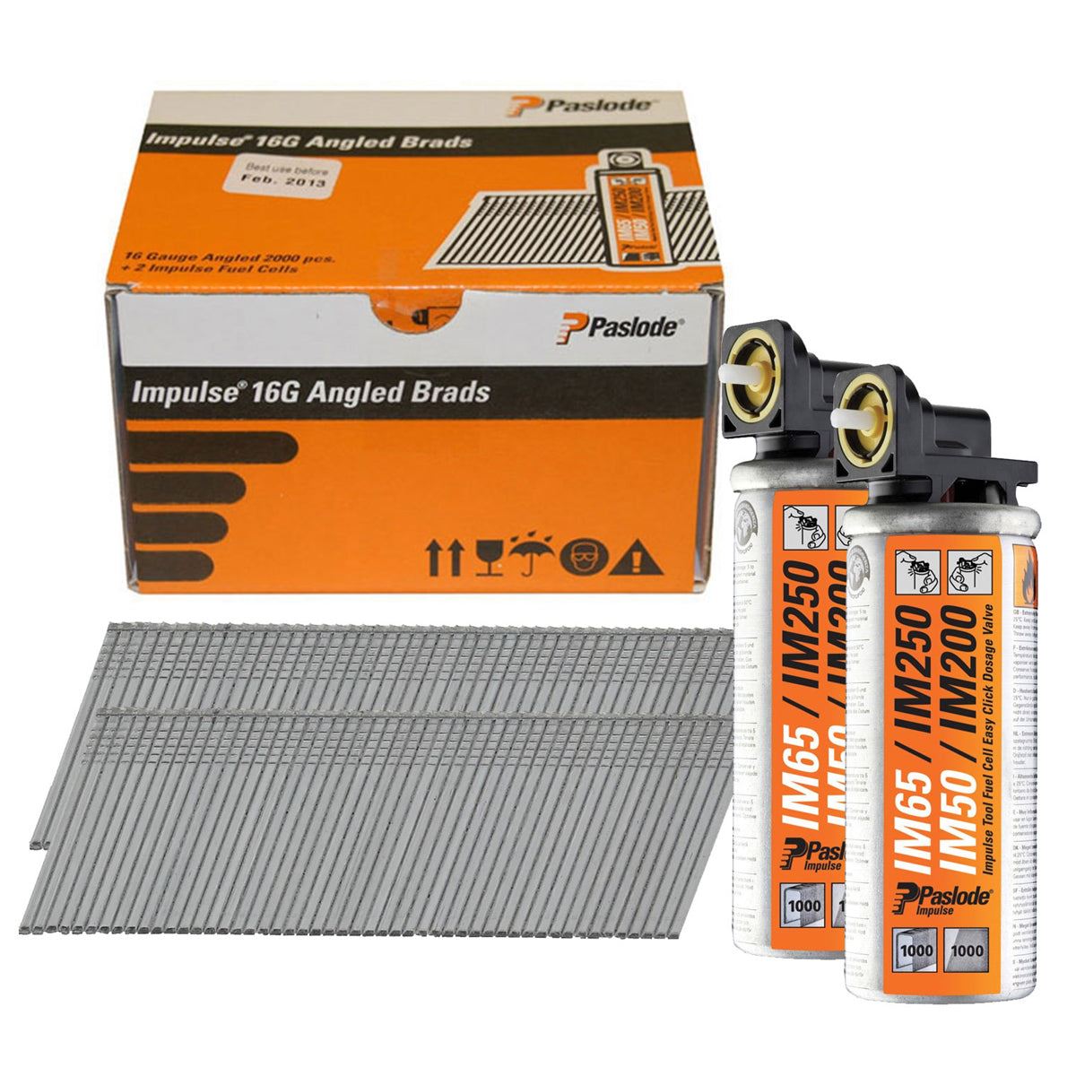 Paslode IM65A 300273 16gx51mm ELGV Angled Electro Galvanised Brad Fuel Pack 2000/Box With 2 Fuel Cell