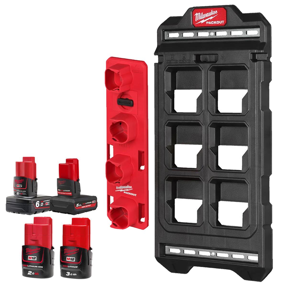 Milwaukee Packout Compact Mounting Plate with M12 Battery Holder & 4 x Batteries
