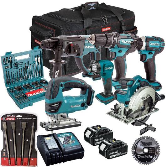 Makita 18V 6 Piece Combo Kit with 2 x 5.0Ah Battery Charger & Accessories Set T4TKIT-17214