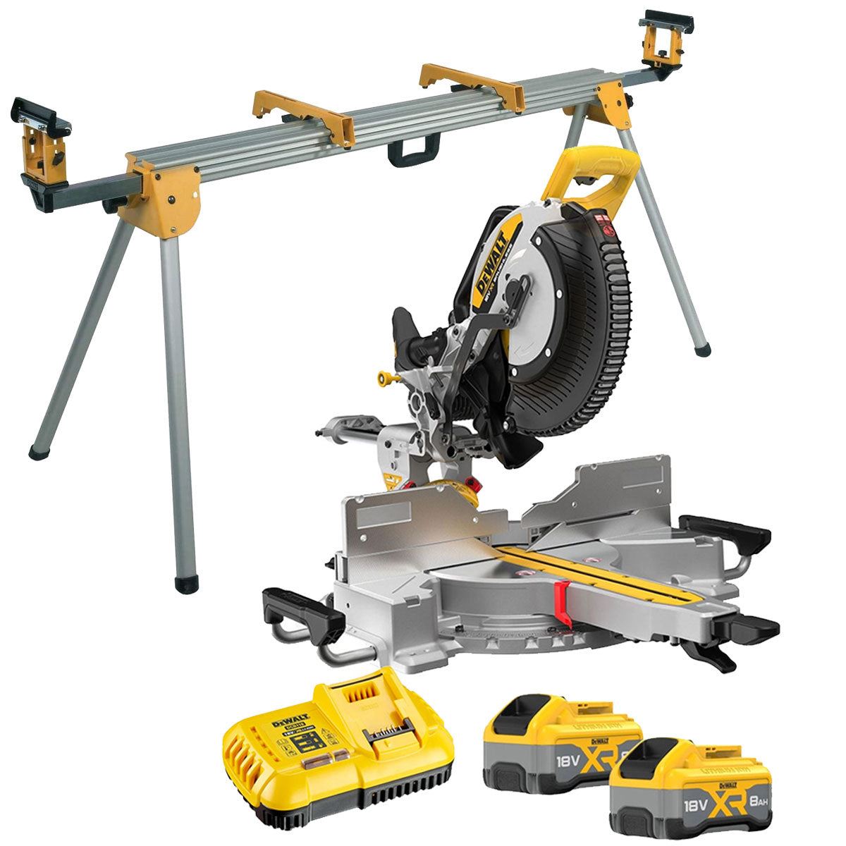 DeWalt DCS782XW2-GB 18V XR Brushless Slide Mitre Saw with 2 x 8.0Ah Battery Charger & Universal Leg Stand