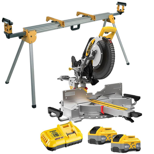 DeWalt DCS782XW2-GB 18V XR Brushless Slide Mitre Saw with 2 x 8.0Ah Battery Charger & Universal Leg Stand