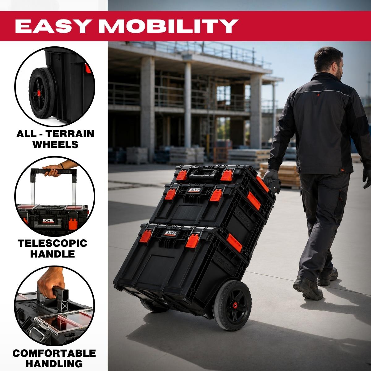 Excel Modular Tool Box Heavy Duty Mobile Storage 3 Piece Set with Wheels