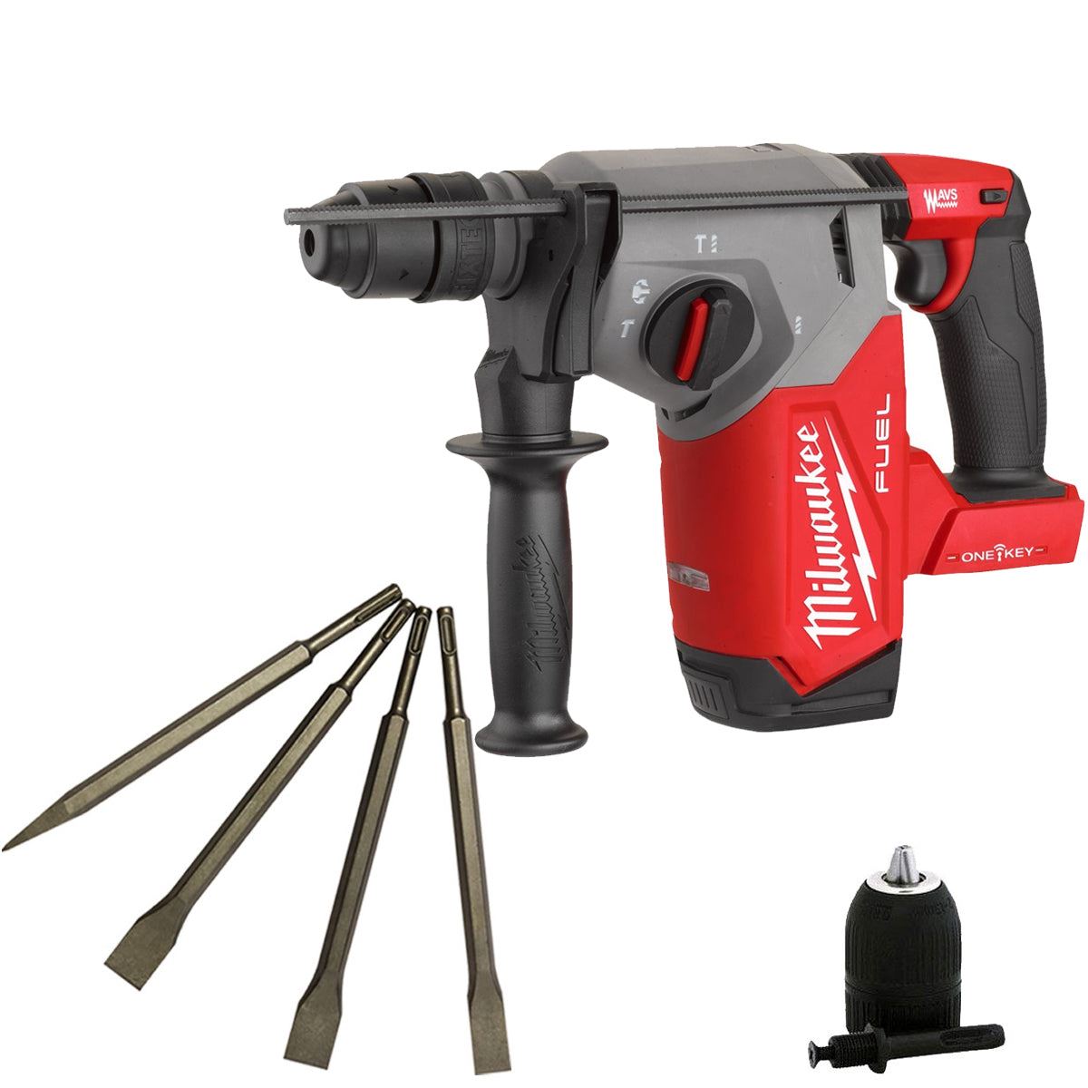 Milwaukee M18ONEFHX-0 18V Brushless 4-Mode 26mm SDS-Plus Hammer Drill with 4 Piece Chisel Set & Chuck