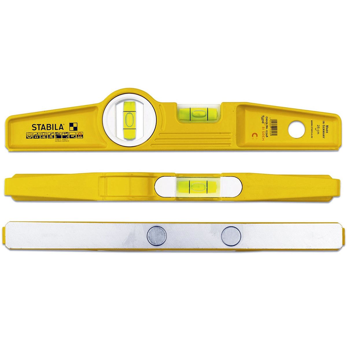 Stabila STB962120 96-2 122cm / 48in Spirit Level 3 Vial - 15229 With 25cm Magnetic Rare Earth Torpedo Level