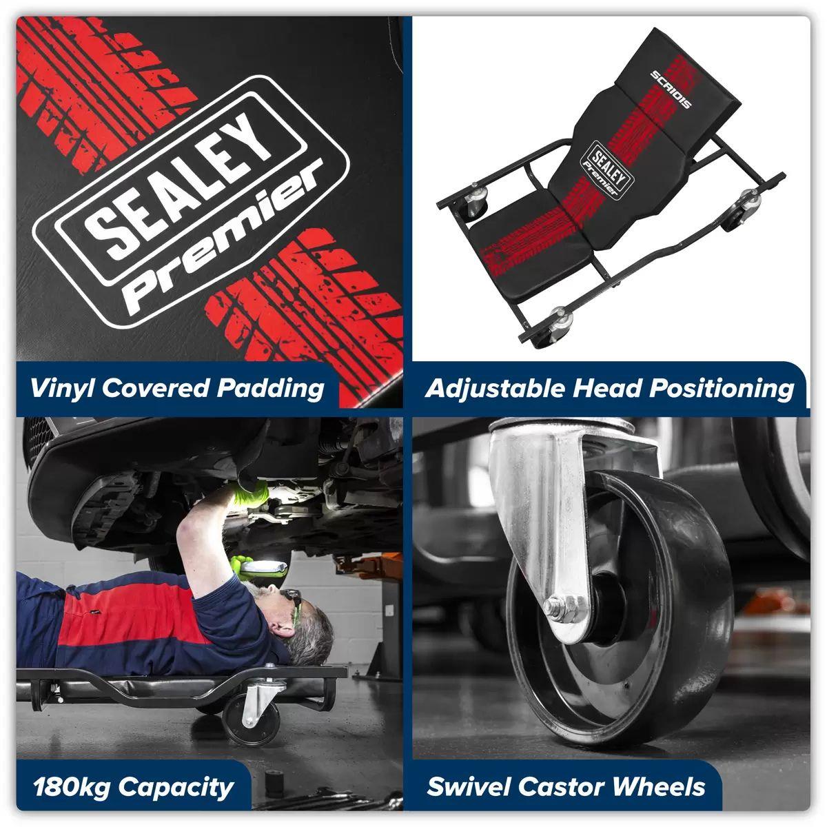 Sealey SCR101S Steel Creeper with 4 Rough Ground 5 Inch Wheels & Adjustable Back/Headrest