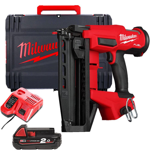 Milwaukee M18FN16GS-0X 18V Brushless 16G Straight Finish Nailer with 1 x 2.0Ah Battery Charger & Case