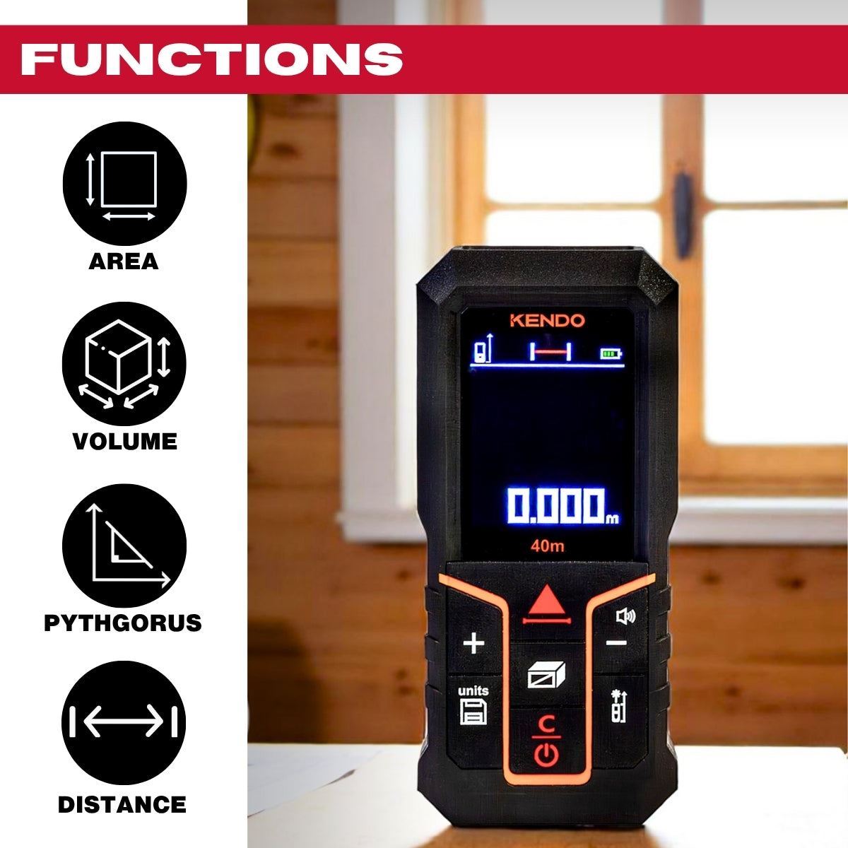 Kendo 40m Laser Distance Meter with Rechargeable Battery & LCD Display