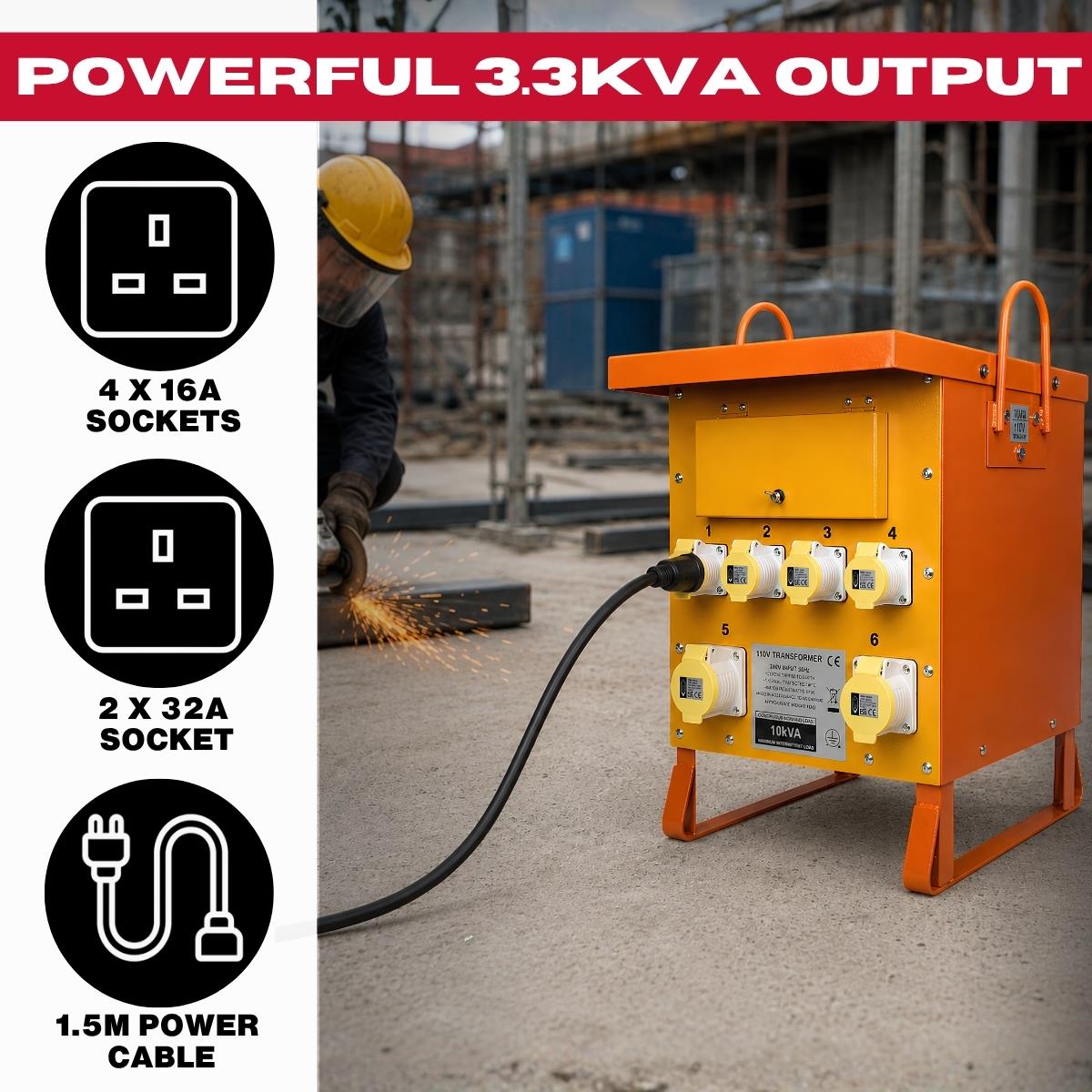 Connexion 10kVA Site Transformer 110V Single Phase with 4 x 16A, 2 x 32A Outlets IP44 Rated - 10963