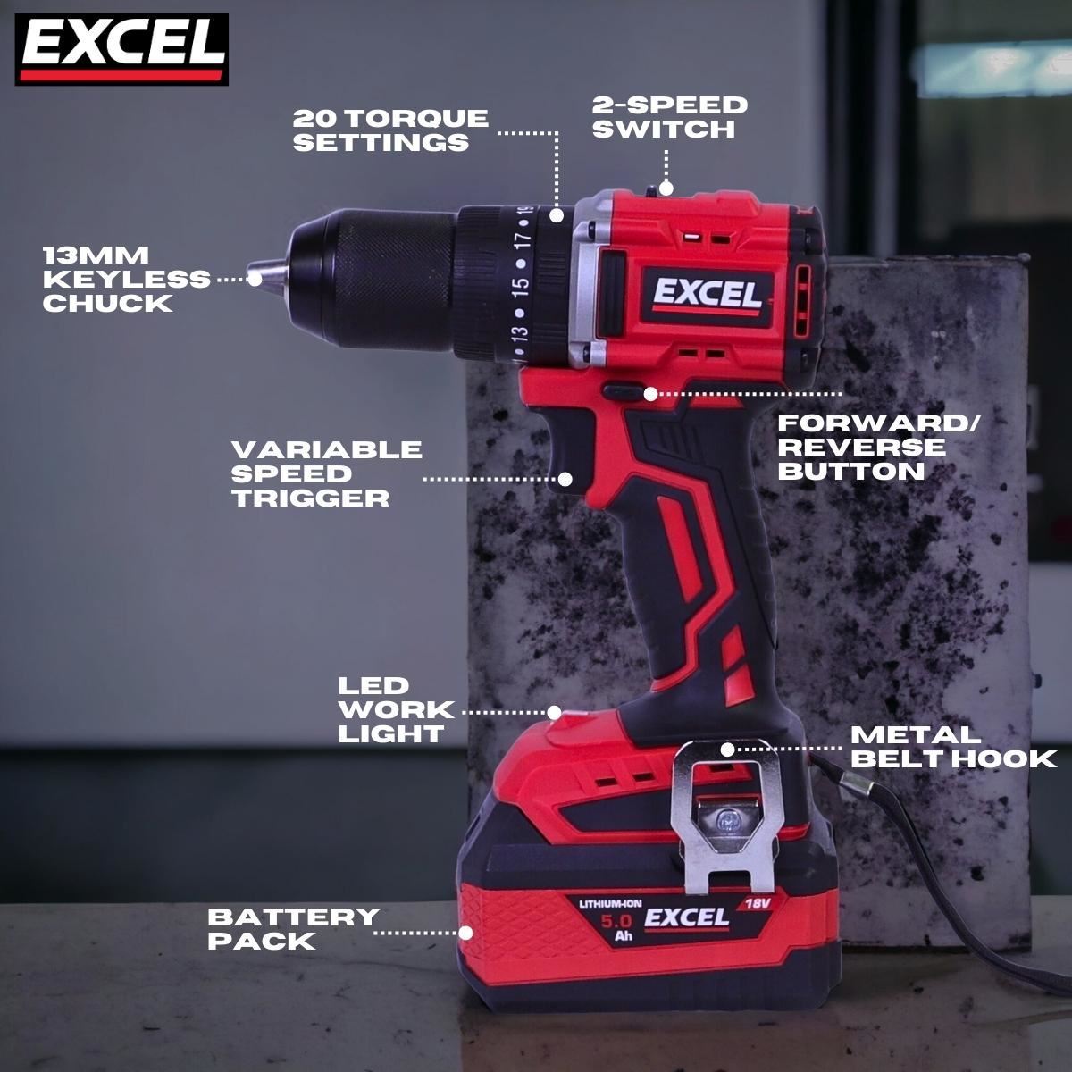 Excel 18V 4 Piece Power Tool Kit with 2 x 2.0Ah Batteries & Charger EXLKIT-29301
