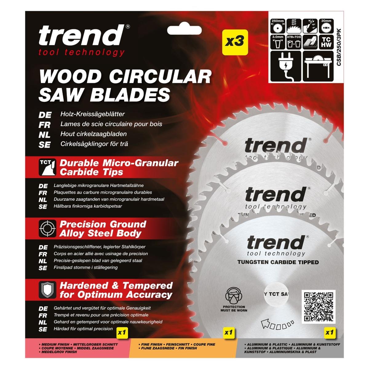 Trend CSB/250/3PK Wood Circular Saw Blade 250mm x 30mm x 48/60/84T 3 Pack