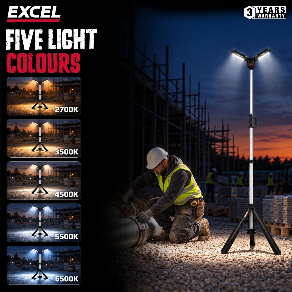 Excel 6000 Lumens Rechargeable LED Tripod Work Light with Adjustable Head