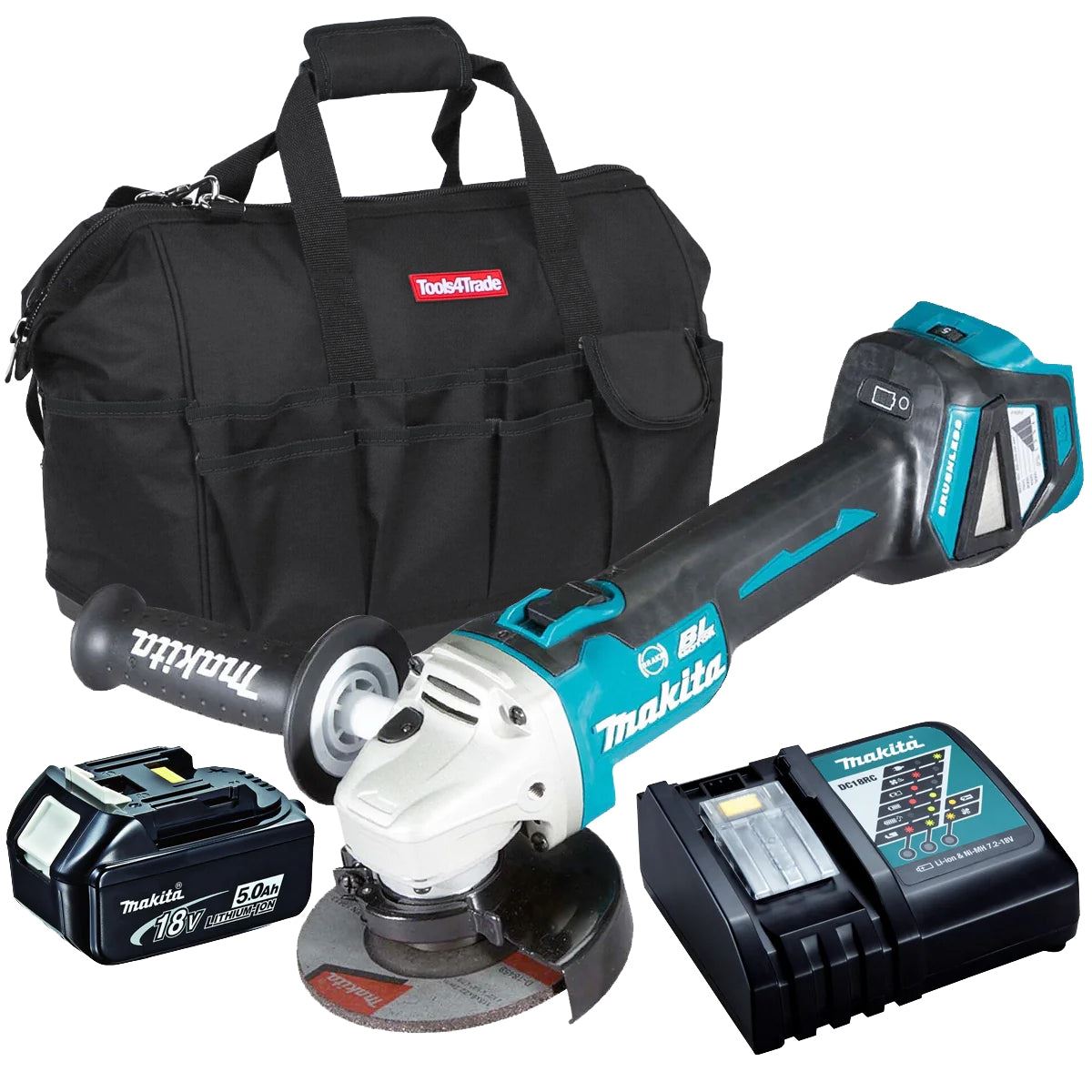 Makita DGA513Z 18V Brushless 125mm Angle Grinder with 1 x 5.0Ah Battery Charger & Bag