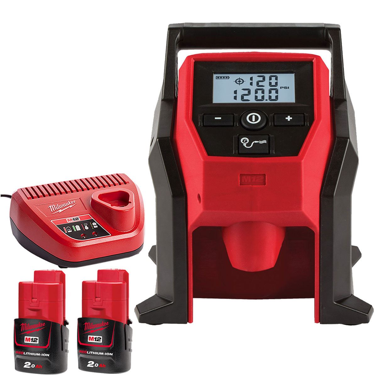 Milwaukee M12BI-0 M12 12V Sub Compact Inflator with 2 x 2.0Ah Batteries & Charger