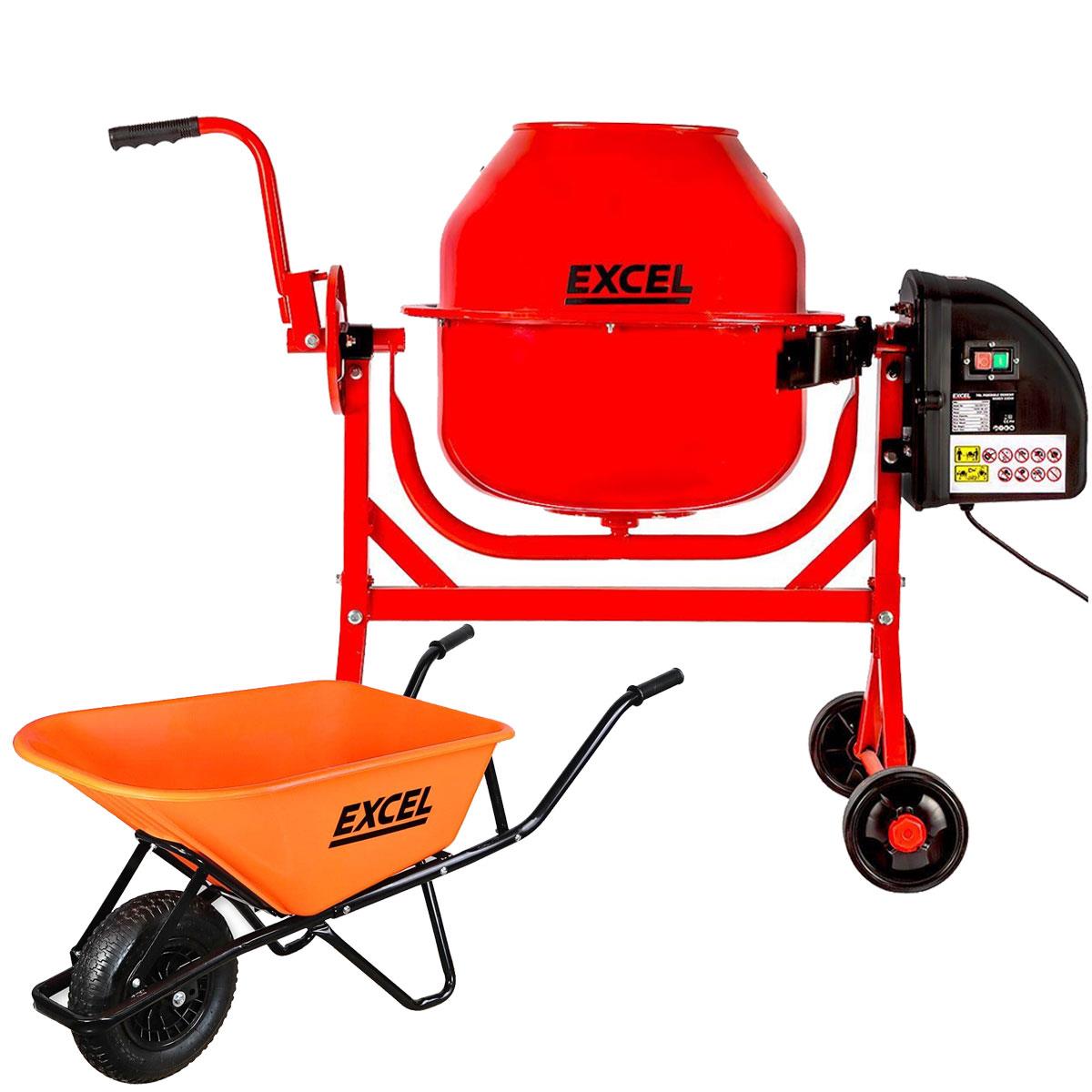 Excel 70L Portable Cement Concrete Mixer 240V/220W with Wheels & 100L Wheelbarrow Orange HDPE Tray