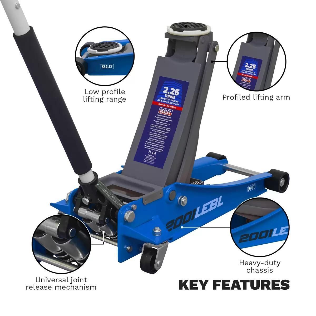 Sealey 2001LEBL Trolley Jack 2.25tonne Low Entry Rocket Lift Blue