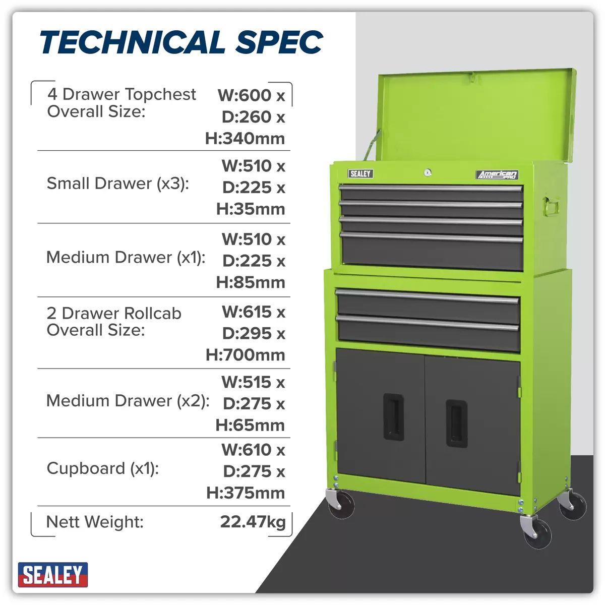 Sealey AP2200BBHV 6 Drawer Topchest & Rollcab Combination with Ball-Bearing Slides Green/Grey
