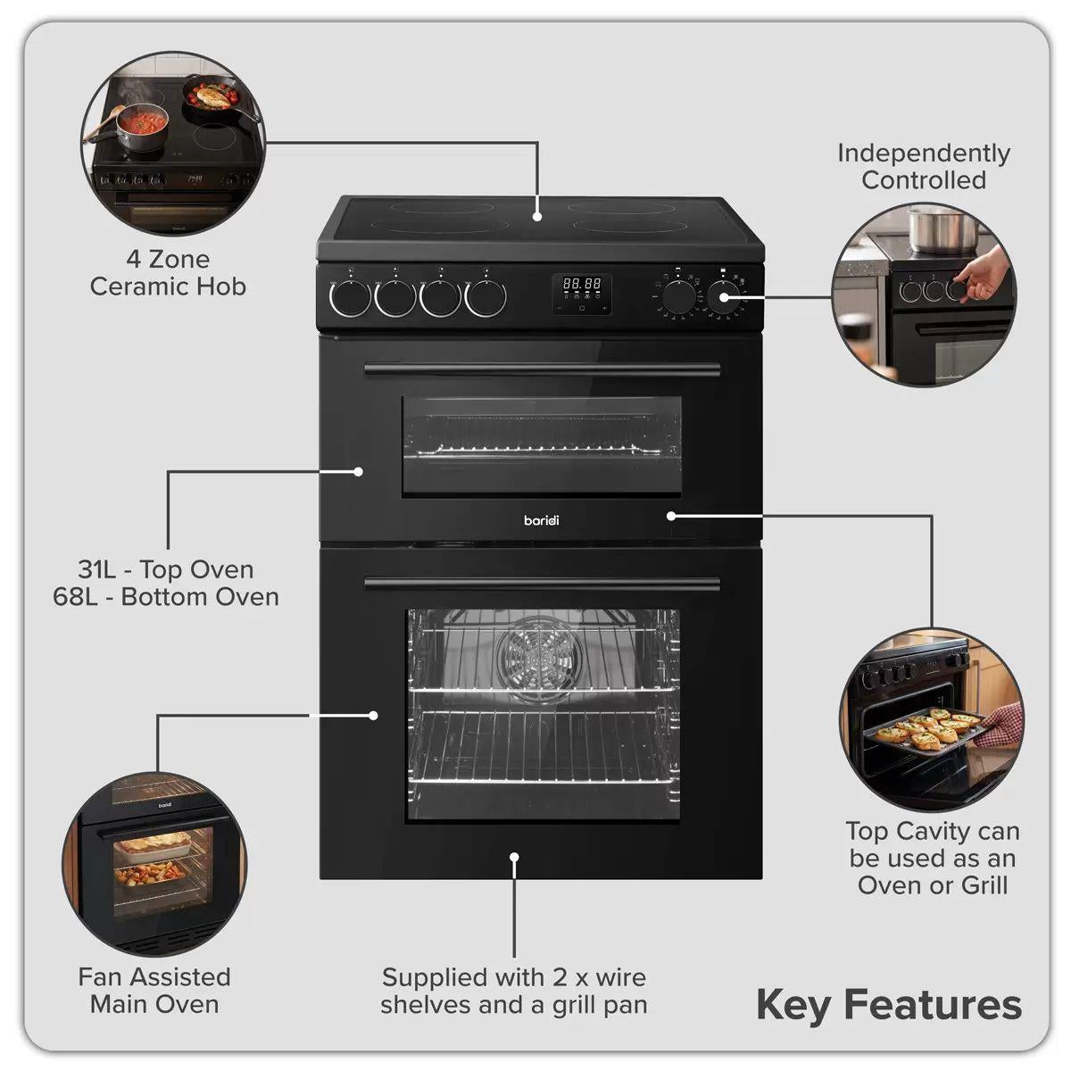 Sealey DH429 Baridi 60cm Freestanding Cooker with 99L Double Cavity & Ceramic Hob Black 240V