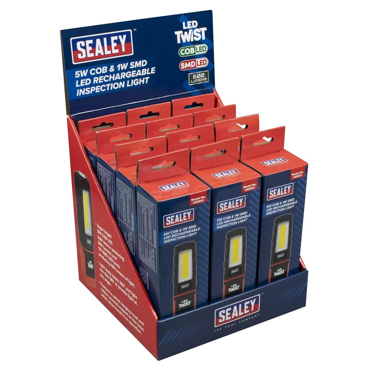 Sealey LED601DB LED Twist Rechargeable Inspection Light 5W Cob & 1W Smd Display Box of 12