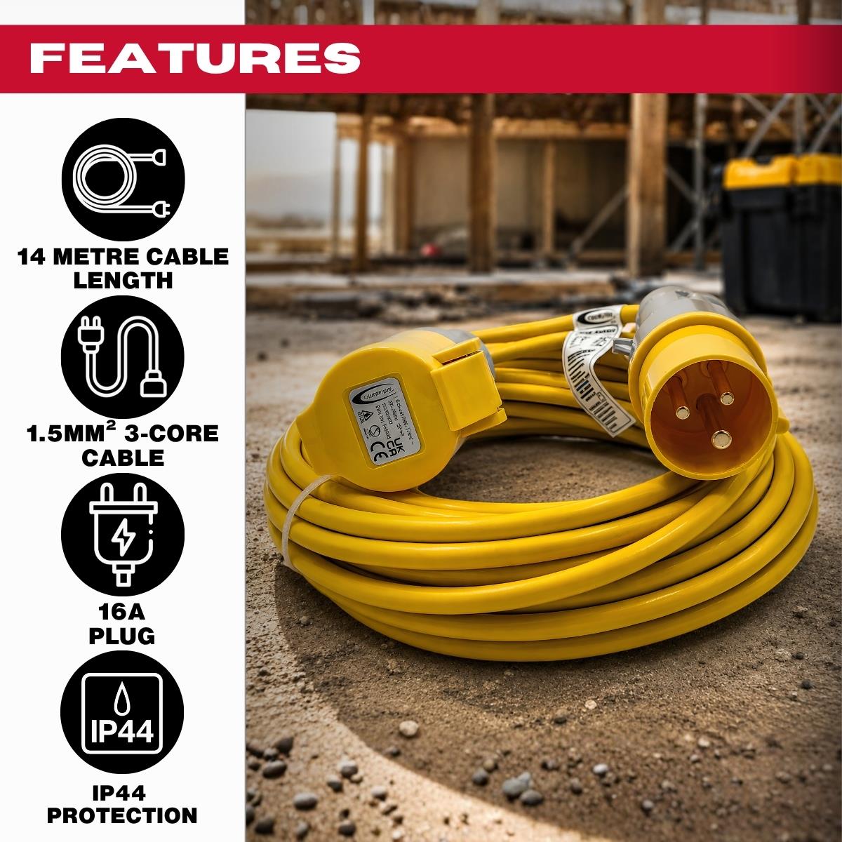 Connexion 14m Extension Cable Lead 1.50mm 16A Plug Yellow 110V - 10801