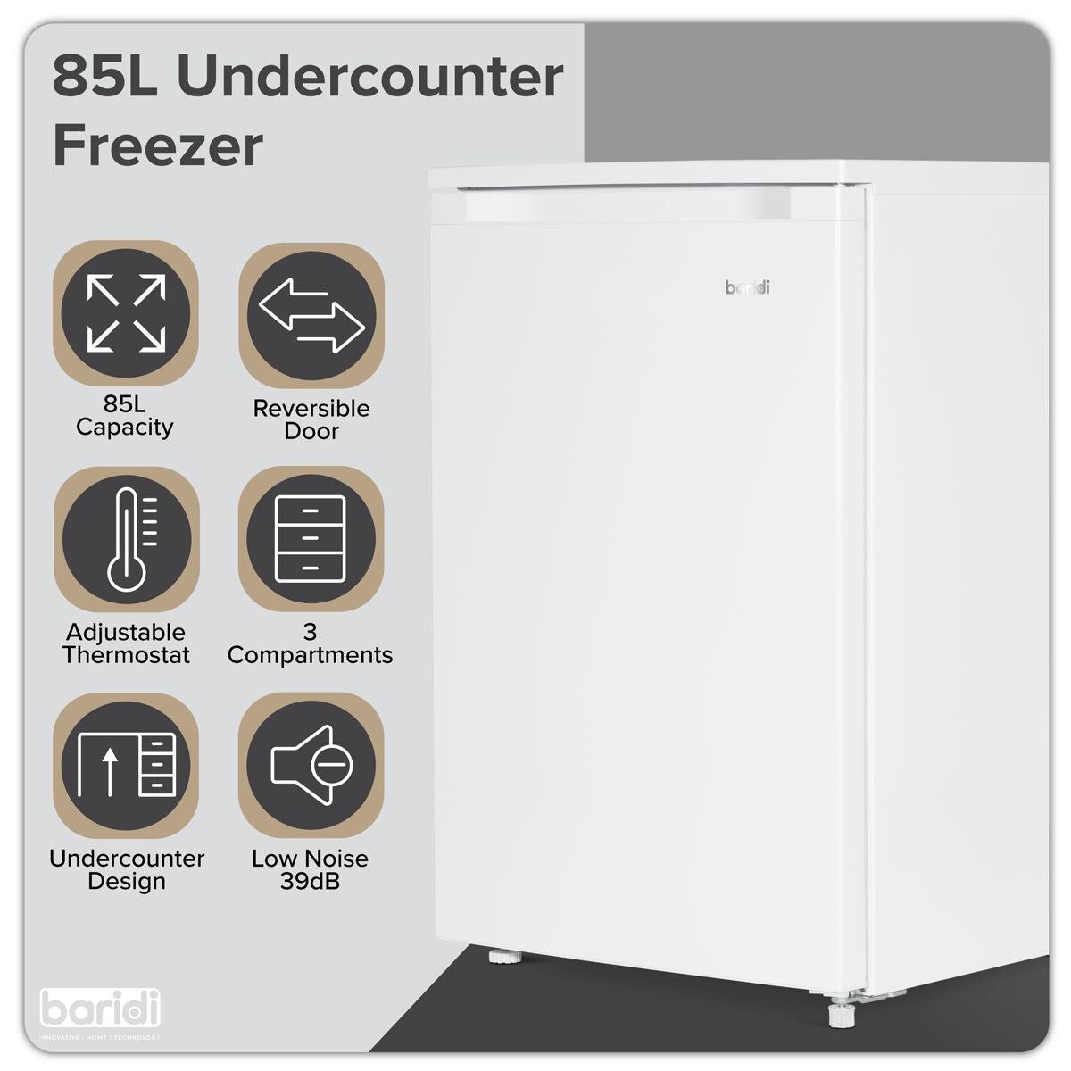 Sealey DH250 Baridi 55cm Undercounter Freezer with Adjustable Thermostat 85L White