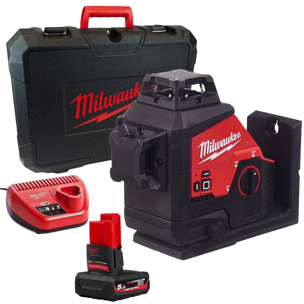 Milwaukee M123PL-0C 12V 360° 3-Plane Green Laser with 1 x 5.0Ah Battery Charger & Case