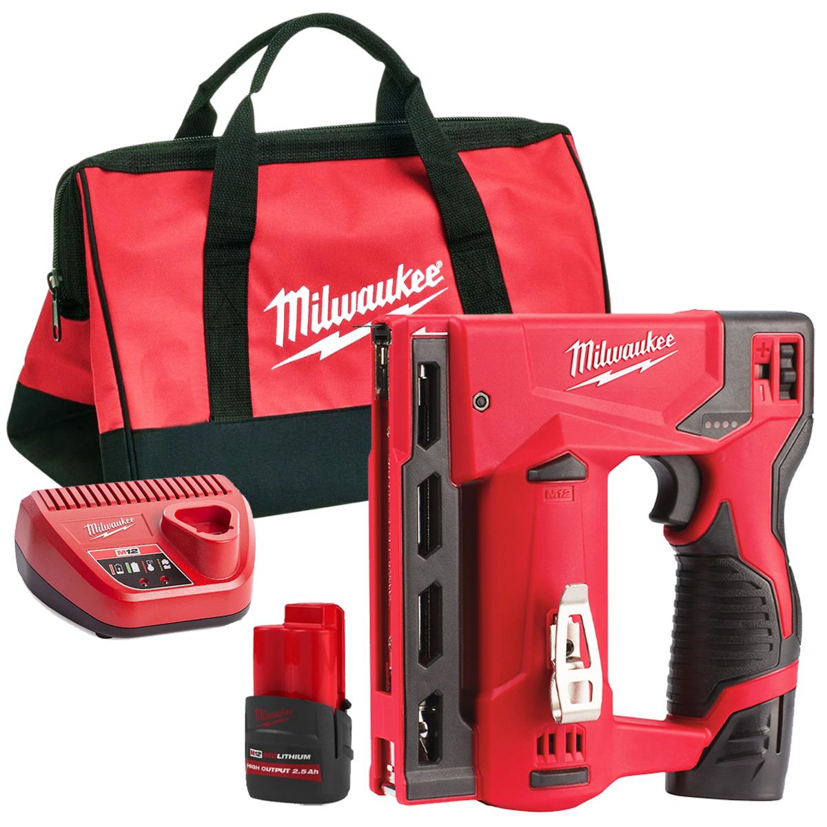 Milwaukee M12BST-0 12V Sub Compact Second Fix Stapler  with 1 x 2.5Ah Battery Charger & Bag