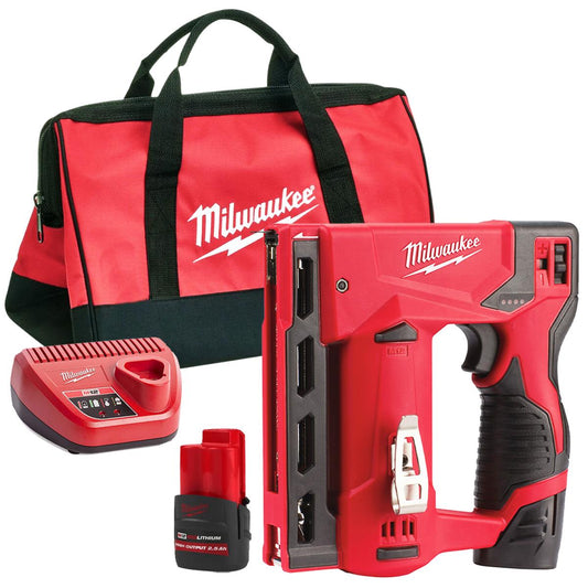 Milwaukee M12BST-0 12V Sub Compact Second Fix Stapler  with 1 x 2.5Ah Battery Charger & Bag