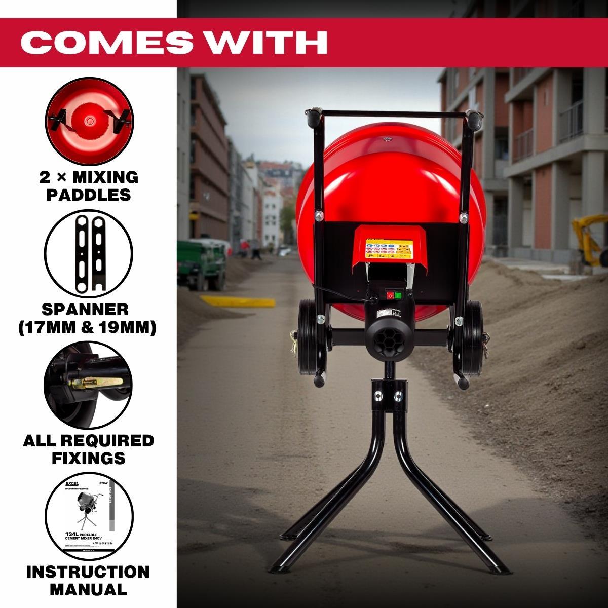Excel 134L Portable Cement Mixer 240V/370W with Wheels & 100L Wheelbarrow Chrome Plated Frame