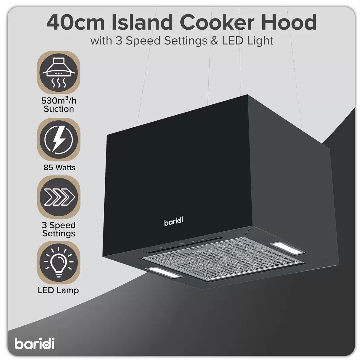Sealey DH109 Baridi Square Island Cooker Hood 40cm Black 240V